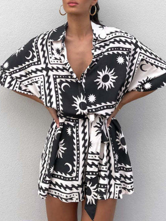 Printed Tie Waist Half Sleeve Romper - Curated by tt