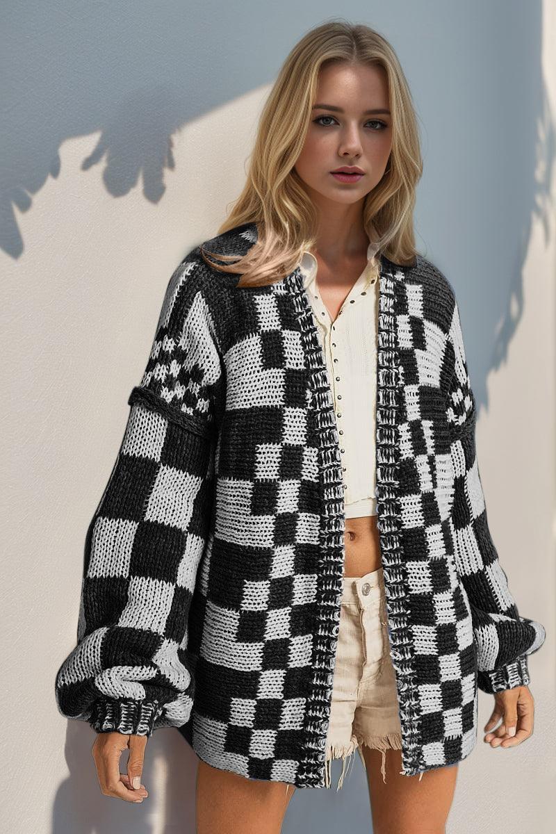 Double Take Full Size Open Front Checkered Drop Shoulder Cardigan - Curated by tt