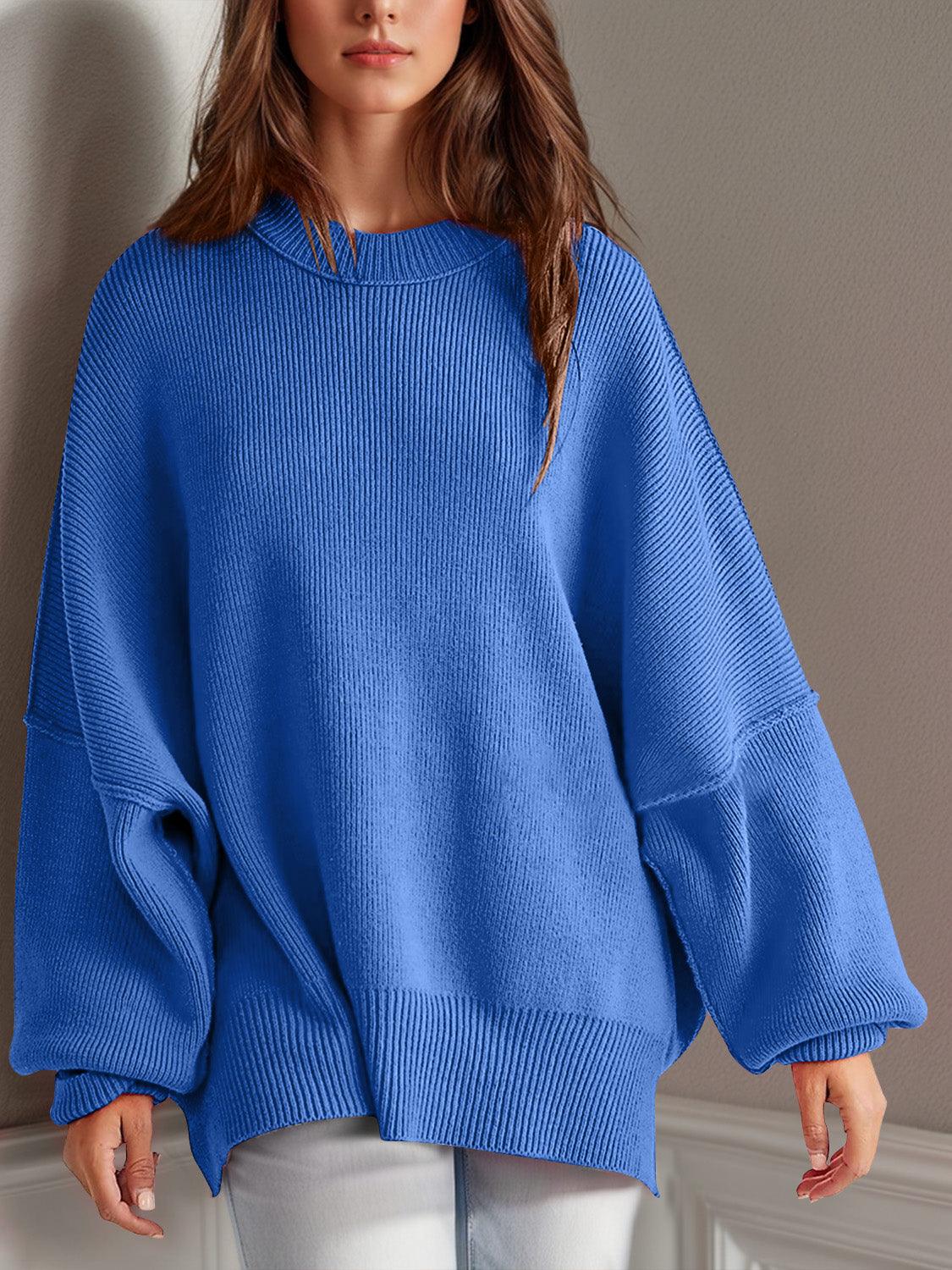 Double Take Side Slit Round Neck Long Sleeve Sweater - Curated by tt
