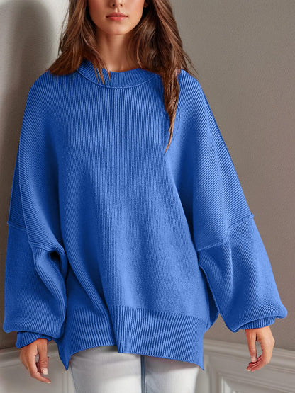 Double Take Side Slit Round Neck Long Sleeve Sweater - Curated by tt
