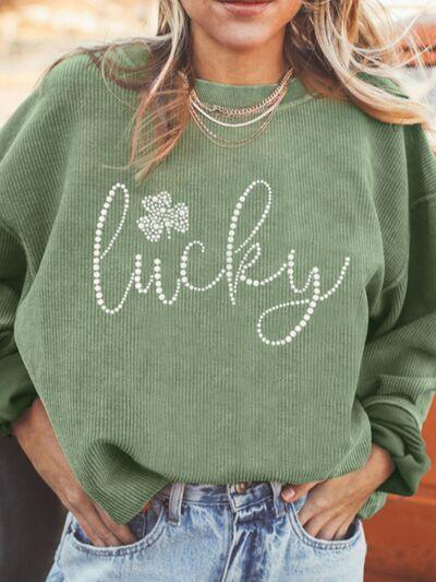 LUCKY Rhinestone Round Neck Long Sleeve Sweatshirt - Curated by tt