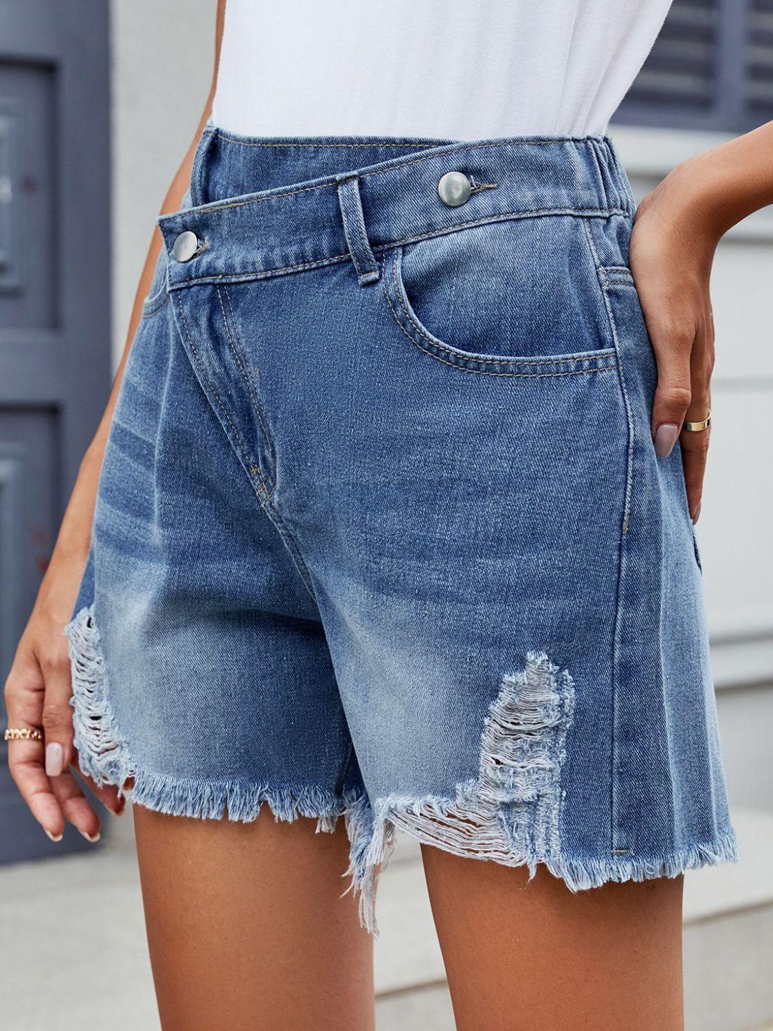 Distressed Raw Hem Asymmetrical Waist Denim Shorts - Curated by tt