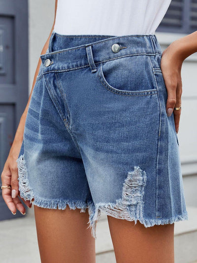 Distressed Raw Hem Asymmetrical Waist Denim Shorts - Curated by tt
