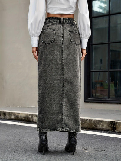 Button Up High Rise Denim Skirt - Curated by tt