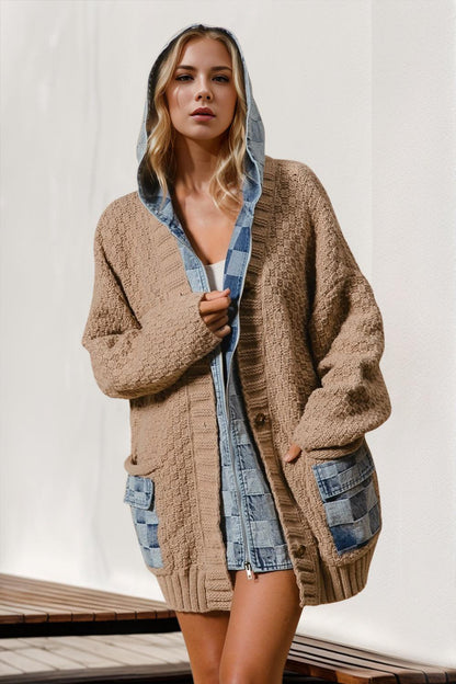 Double Take Full Size Hooded Denim Spliced Sweater Cardigan - Curated by tt