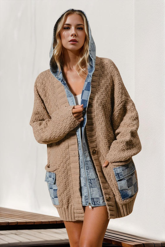 Double Take Full Size Hooded Denim Spliced Sweater Cardigan - Curated by tt