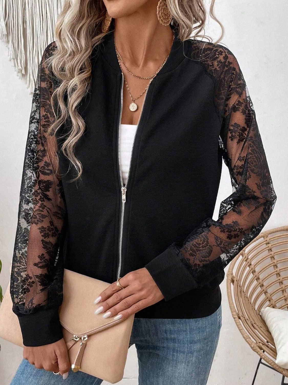 Lace Baseball Collar Zip Up Jacket - Curated by tt