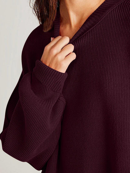 Double Take Side Slit Round Neck Long Sleeve Sweater - Curated by tt
