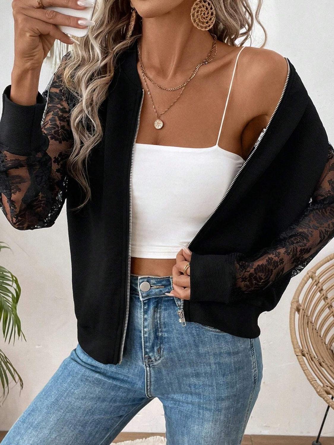 Lace Baseball Collar Zip Up Jacket - Curated by tt