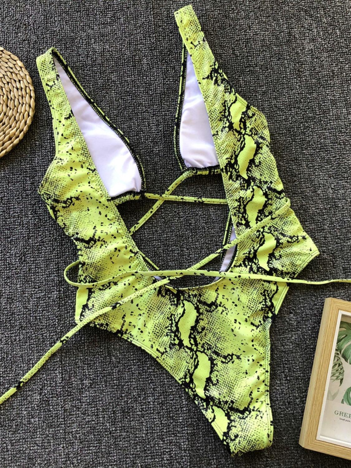 Lace-Up Backless Plunge One-Piece Swimwear - Curated by tt