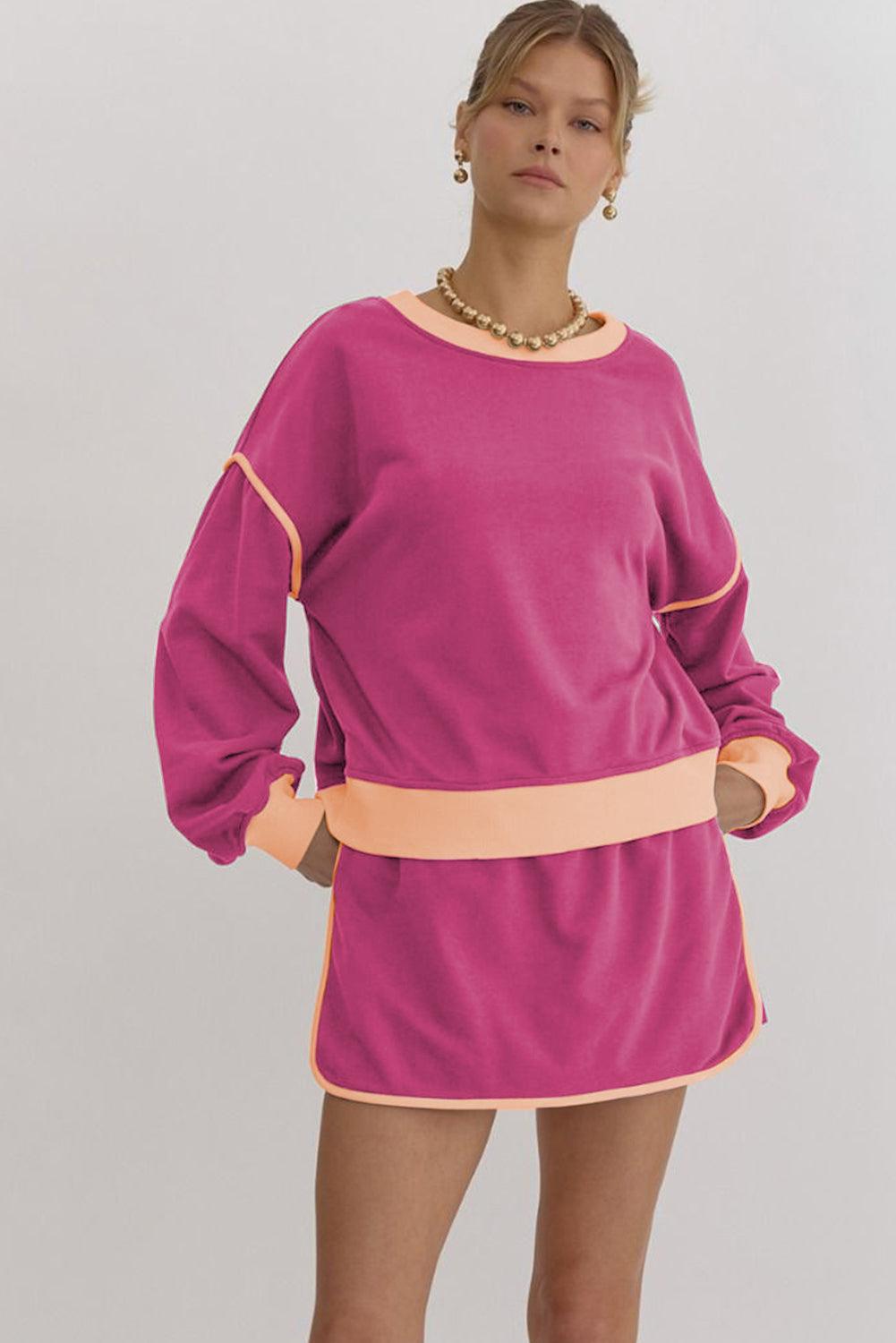 Rose Red Color Contrast Loose Pullover and Lace-up Waist Skort Set - Curated by tt