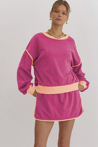 Rose Red Color Contrast Loose Pullover and Lace-up Waist Skort Set - Curated by tt