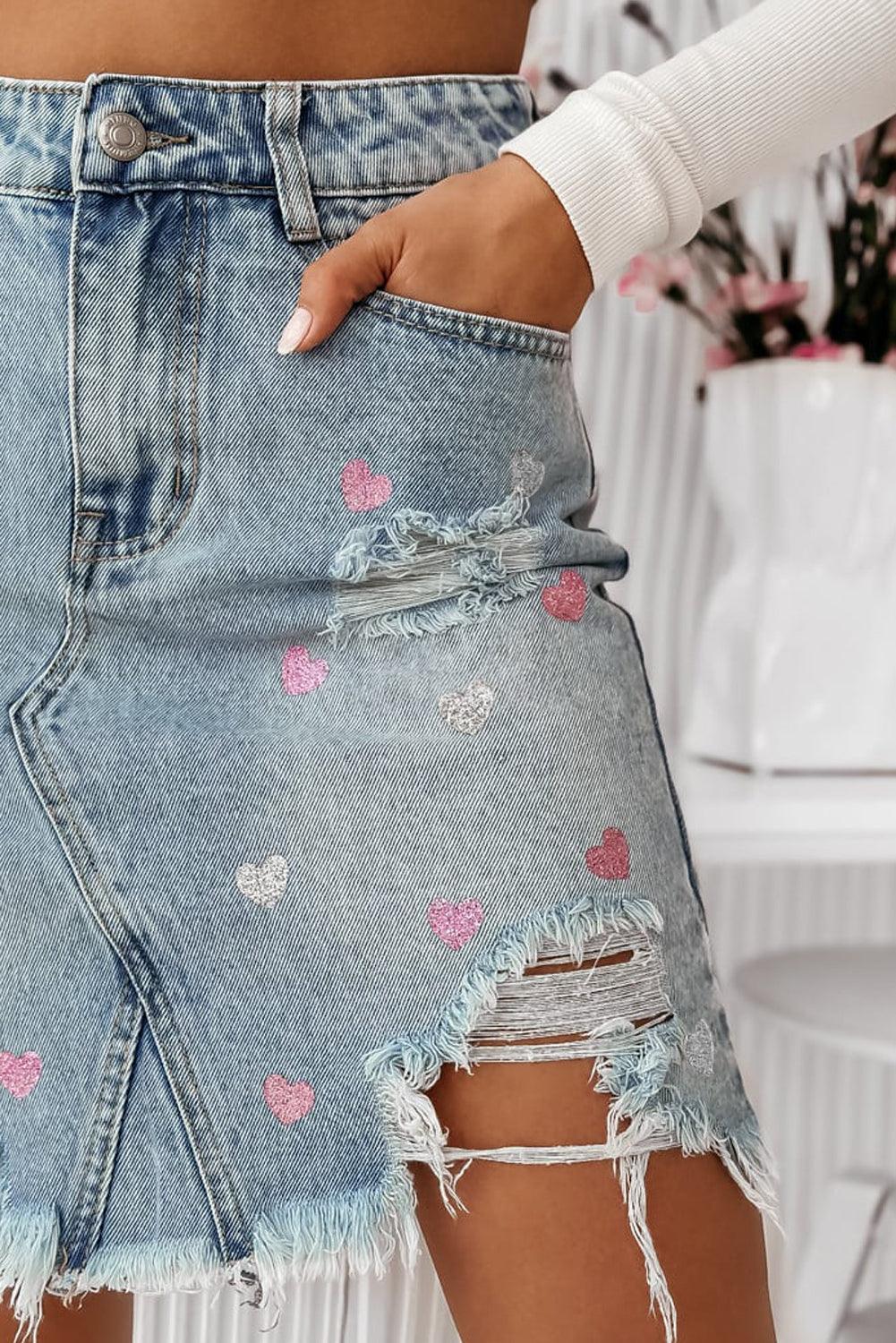 Heart Pattern Distressed Denim Mini Skirt - Curated by tt