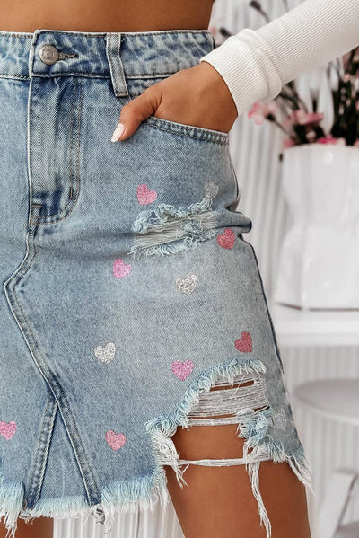 Heart Pattern Distressed Denim Mini Skirt - Curated by tt