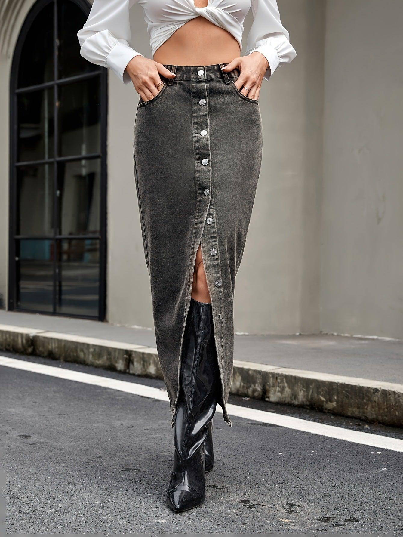 Button Up High Rise Denim Skirt - Curated by tt