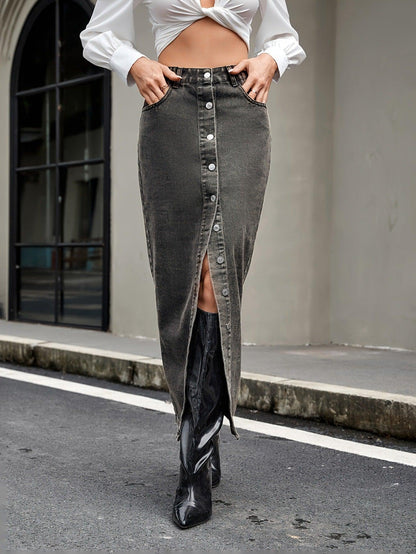Button Up High Rise Denim Skirt - Curated by tt