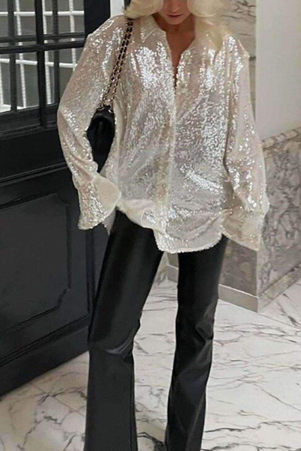 Sequin Button Up Long Sleeve Shirt - Curated by tt