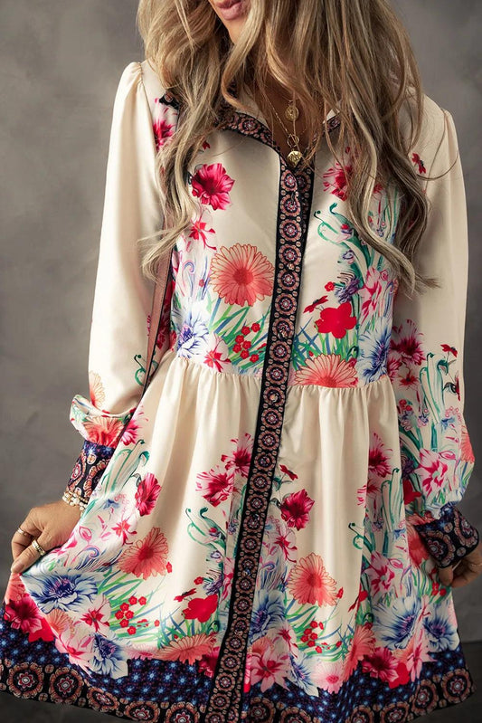 Flower Button Down Lantern Sleeve Dress - Curated by tt