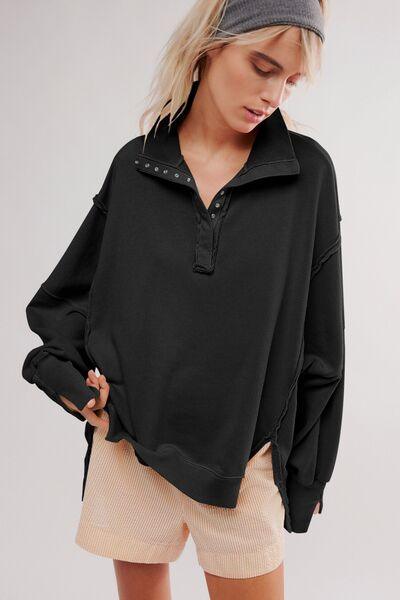 Exposed Seam Side Slit Long Sleeve Sweatshirt - Curated by tt