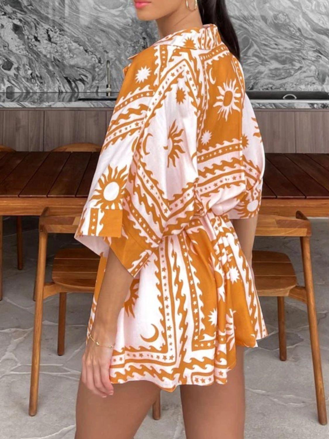 Printed Tie Waist Half Sleeve Romper - Curated by tt