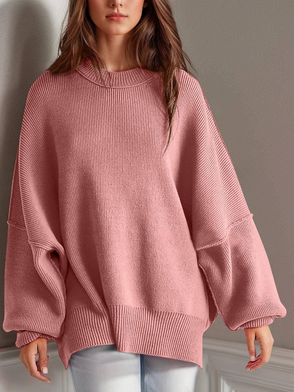 Double Take Side Slit Round Neck Long Sleeve Sweater - Curated by tt