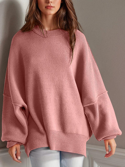 Double Take Side Slit Round Neck Long Sleeve Sweater - Curated by tt