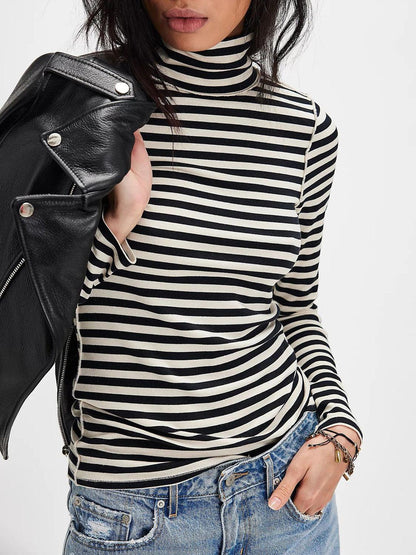 Exposed Seam Striped Turtleneck Long Sleeve T-Shirt - Curated by tt
