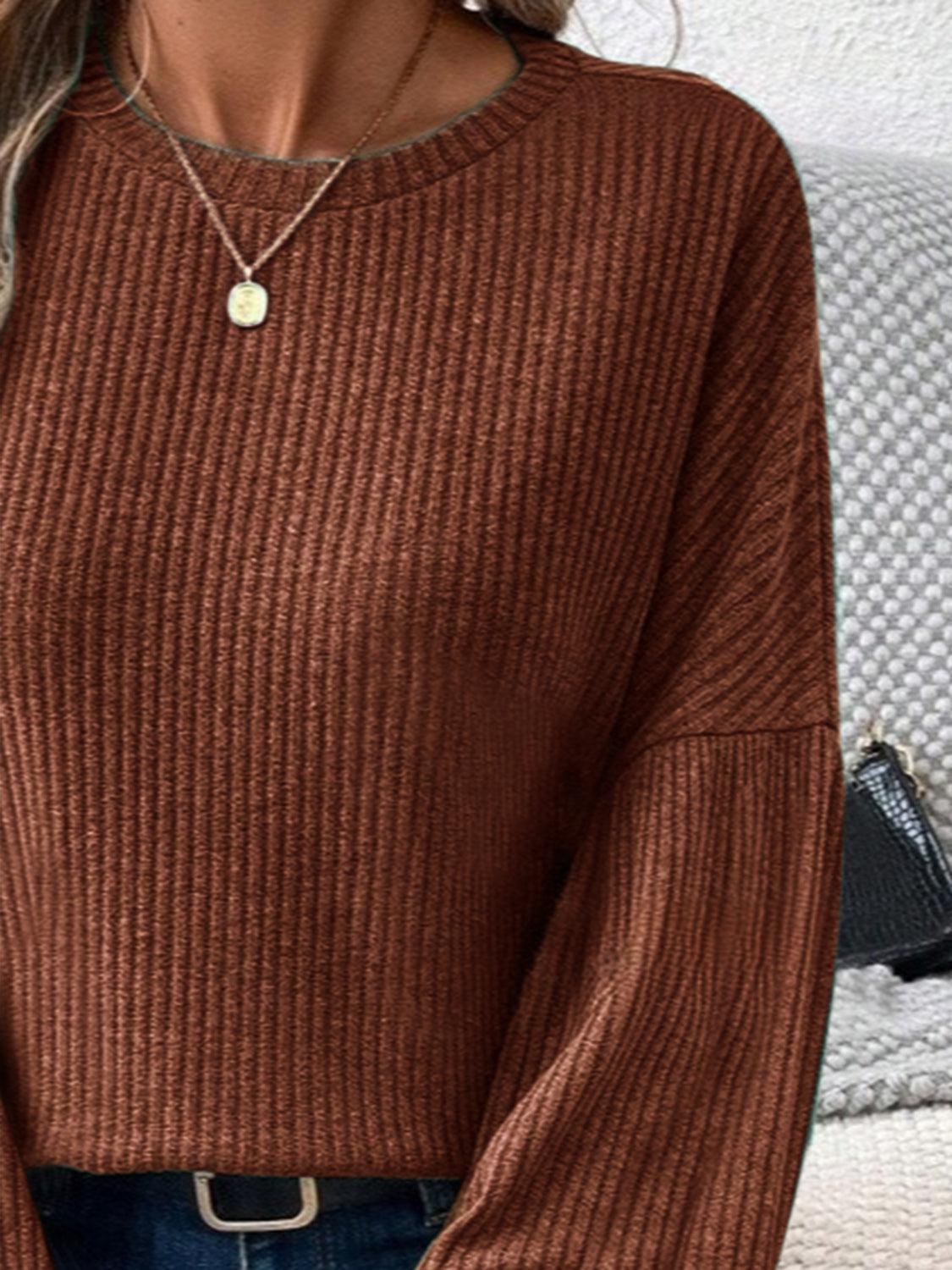Ribbed Round Neck Lantern Sleeve T-Shirt - Curated by tt