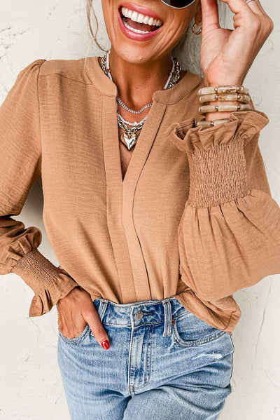 Straw Yellow Solid Color Shirred Cuff Notch V Neck Blouse - Curated by tt