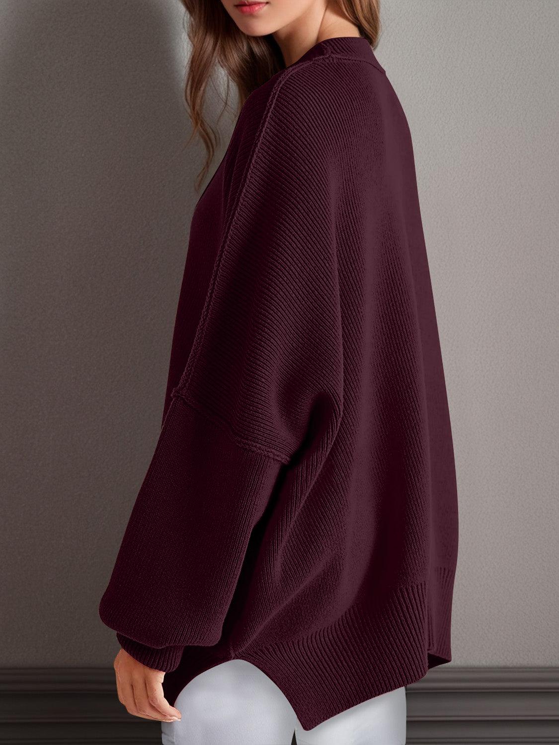 Double Take Side Slit Round Neck Long Sleeve Sweater - Curated by tt