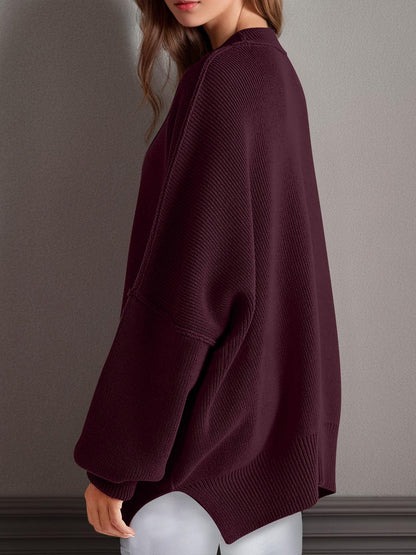 Double Take Side Slit Round Neck Long Sleeve Sweater - Curated by tt