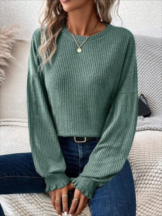 Ribbed Round Neck Lantern Sleeve T-Shirt - Curated by tt