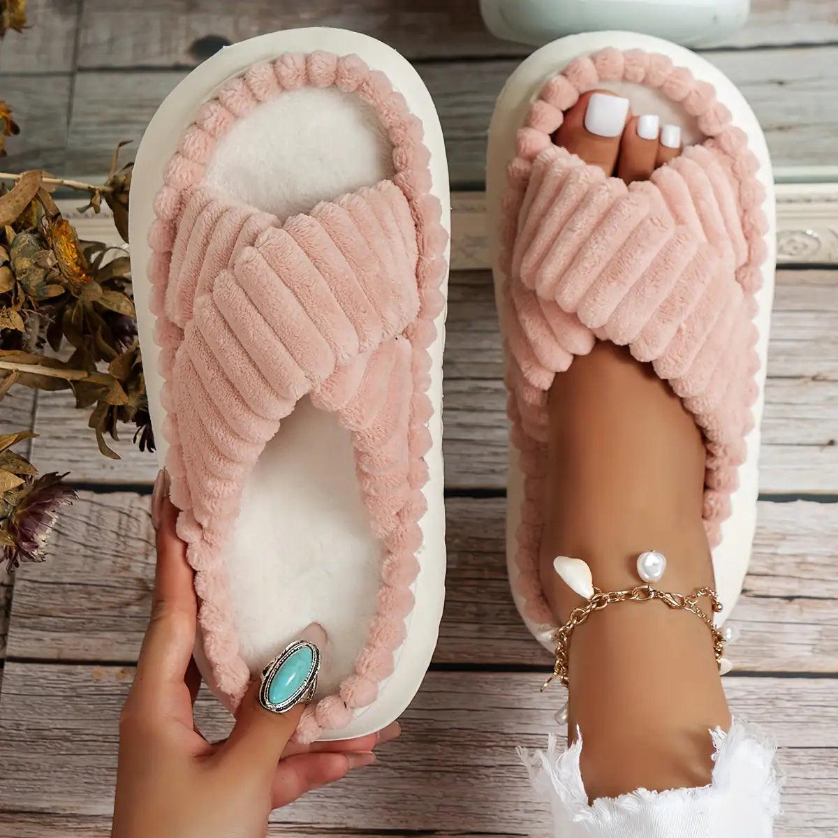 Crisscross Cordoroy Platform Slippers - Curated by tt