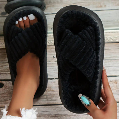 Crisscross Cordoroy Platform Slippers - Curated by tt