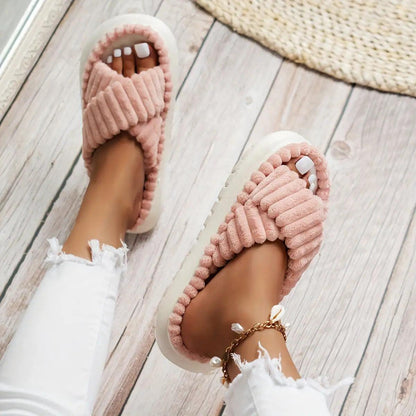 Crisscross Cordoroy Platform Slippers - Curated by tt