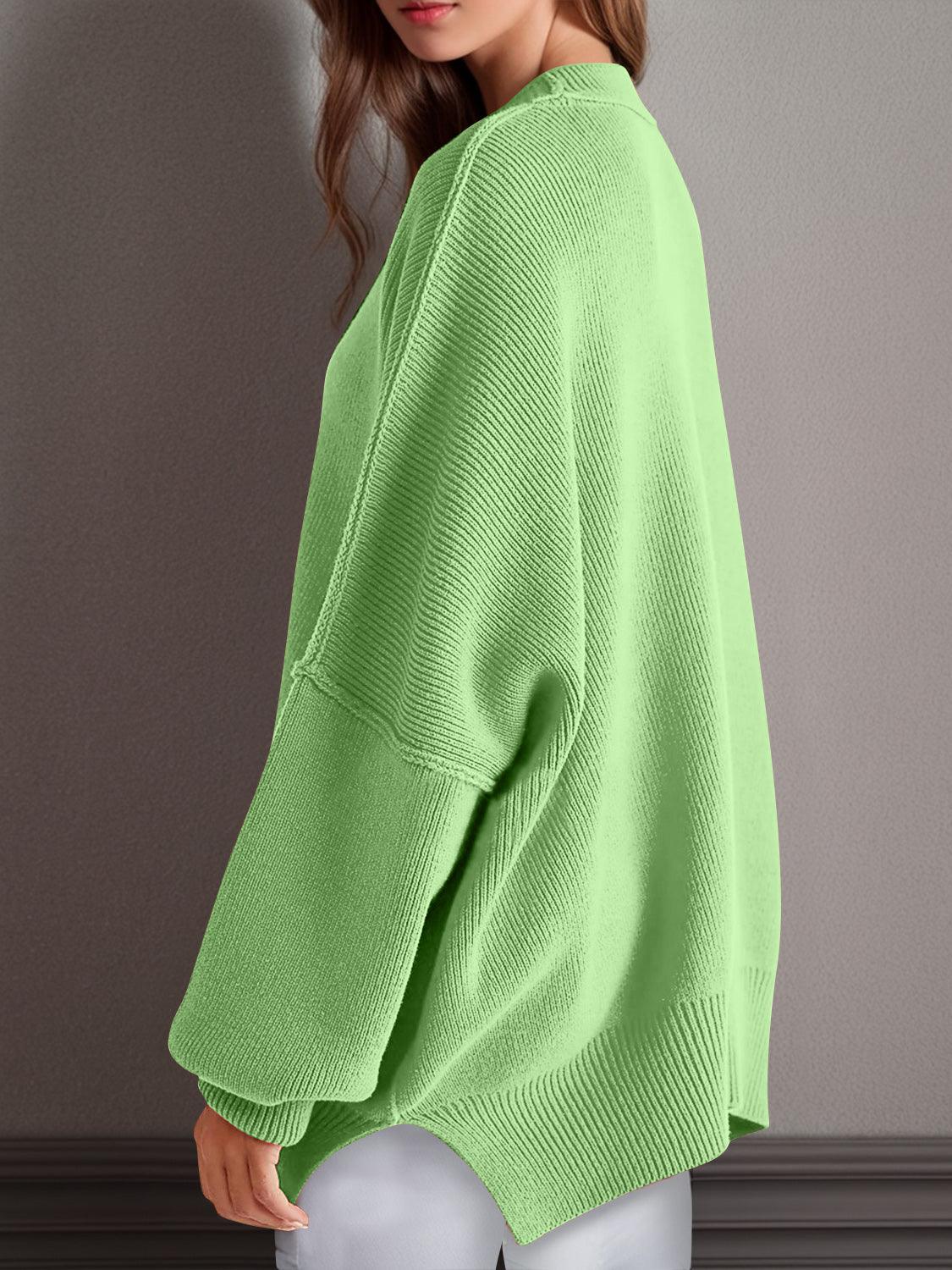 Double Take Side Slit Round Neck Long Sleeve Sweater - Curated by tt