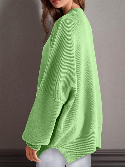 Double Take Side Slit Round Neck Long Sleeve Sweater - Curated by tt