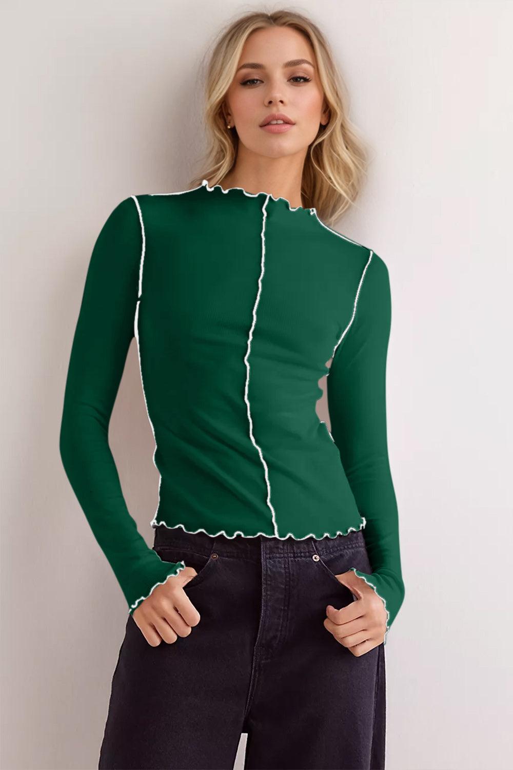 Contrast Trim Mock Neck Long Sleeve T-Shirt - Curated by tt
