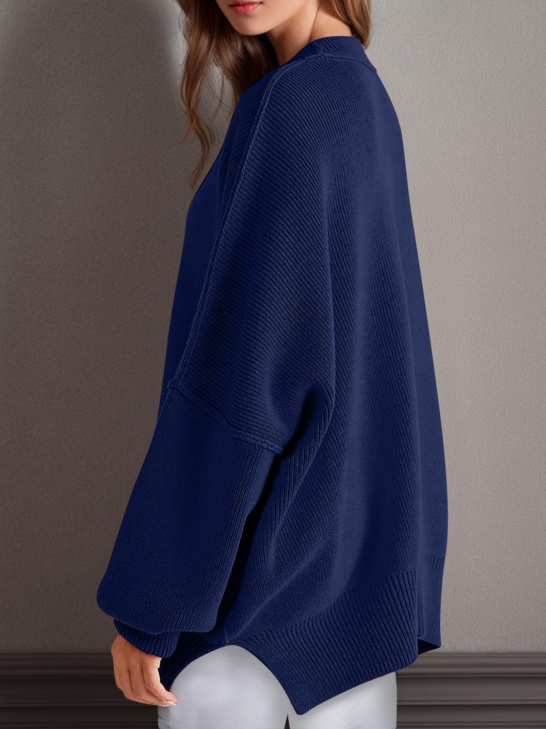 Double Take Side Slit Round Neck Long Sleeve Sweater - Curated by tt