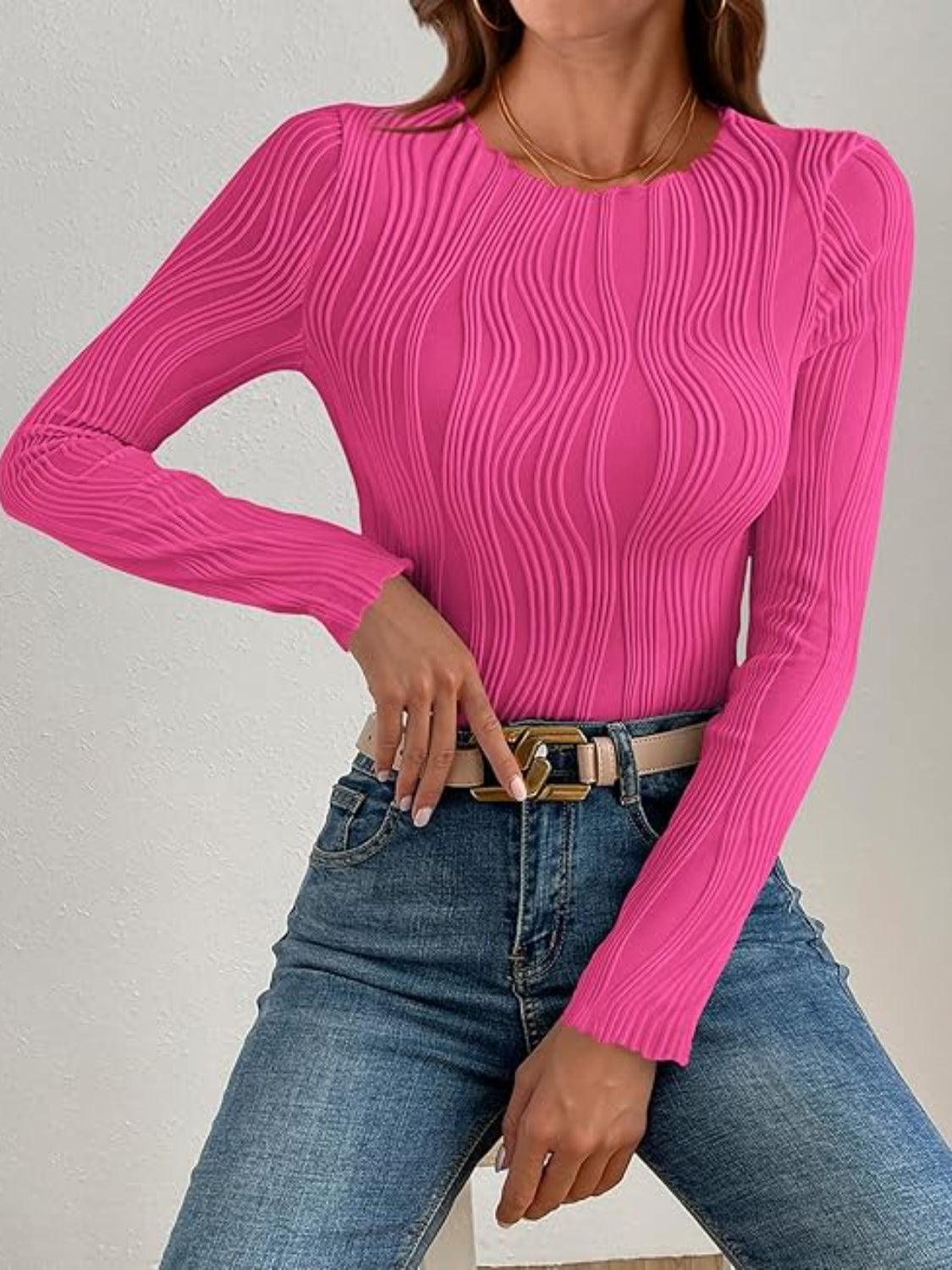 Textured Round Neck Long Sleeve Top - Curated by tt