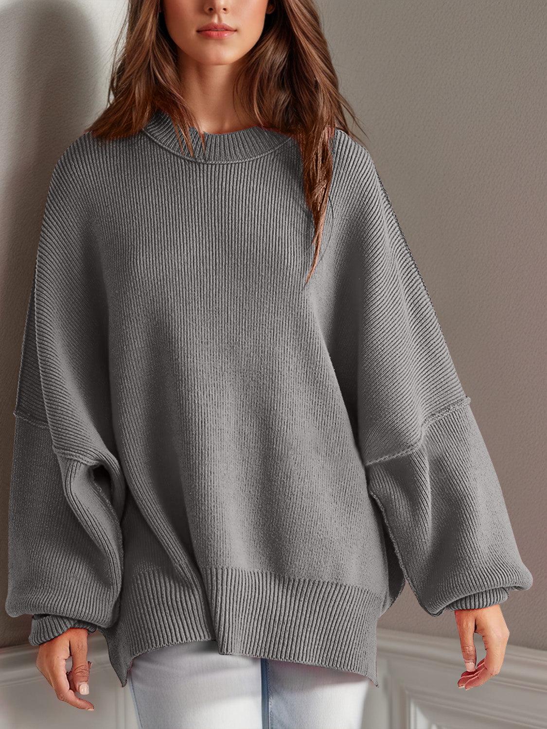 Double Take Side Slit Round Neck Long Sleeve Sweater - Curated by tt