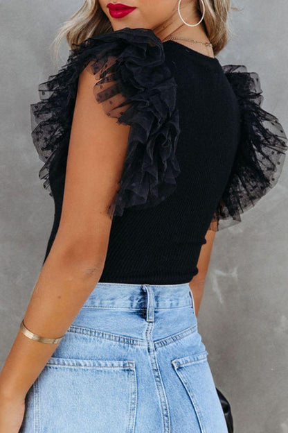 Ruffled Round Neck Cap Sleeve Blouse - Curated by tt