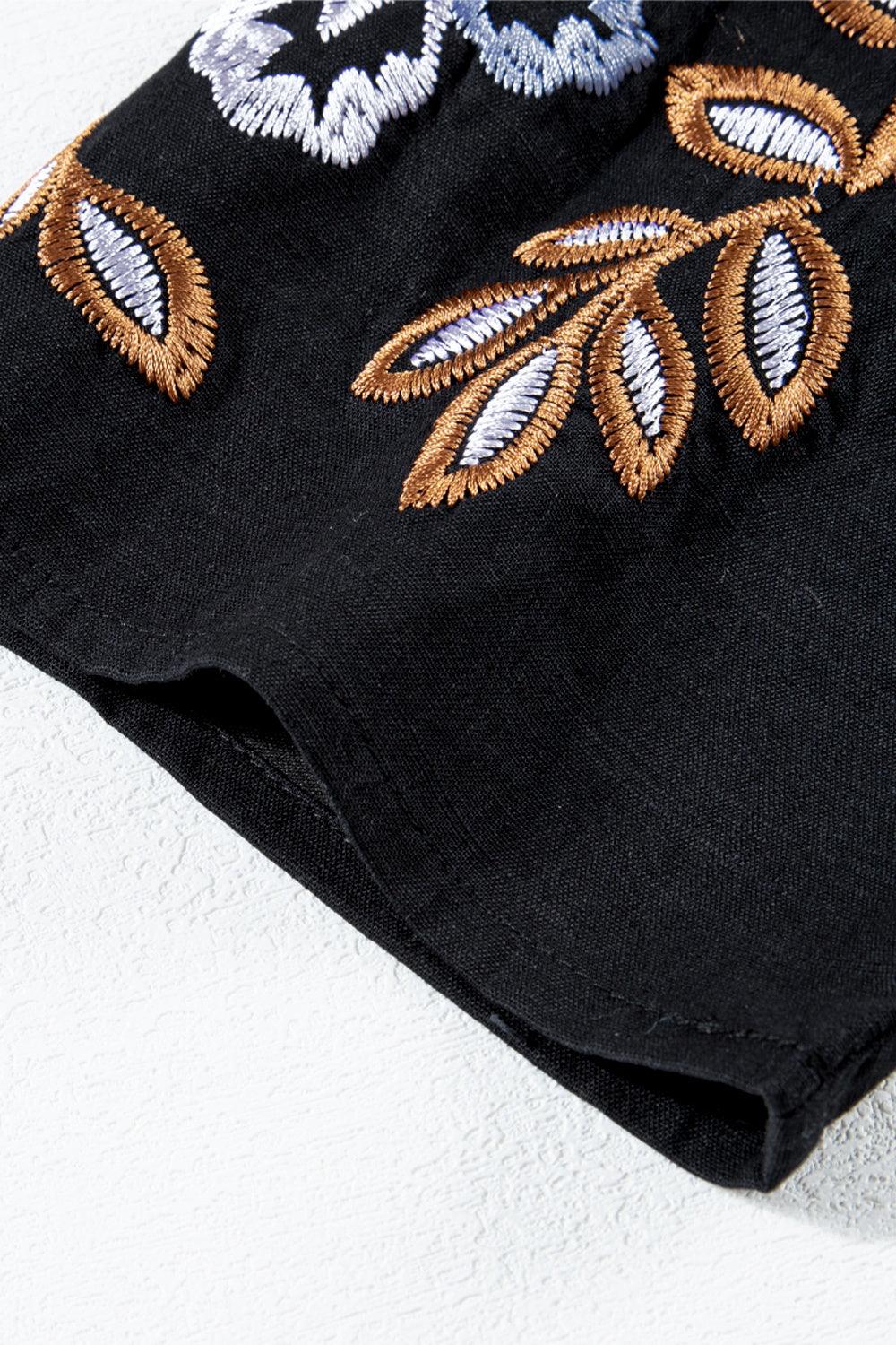 Embroidered V-Neck Three-Quarter Sleeve Blouse - Curated by tt