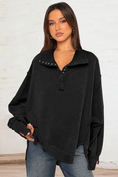 Exposed Seam Side Slit Long Sleeve Sweatshirt - Curated by tt