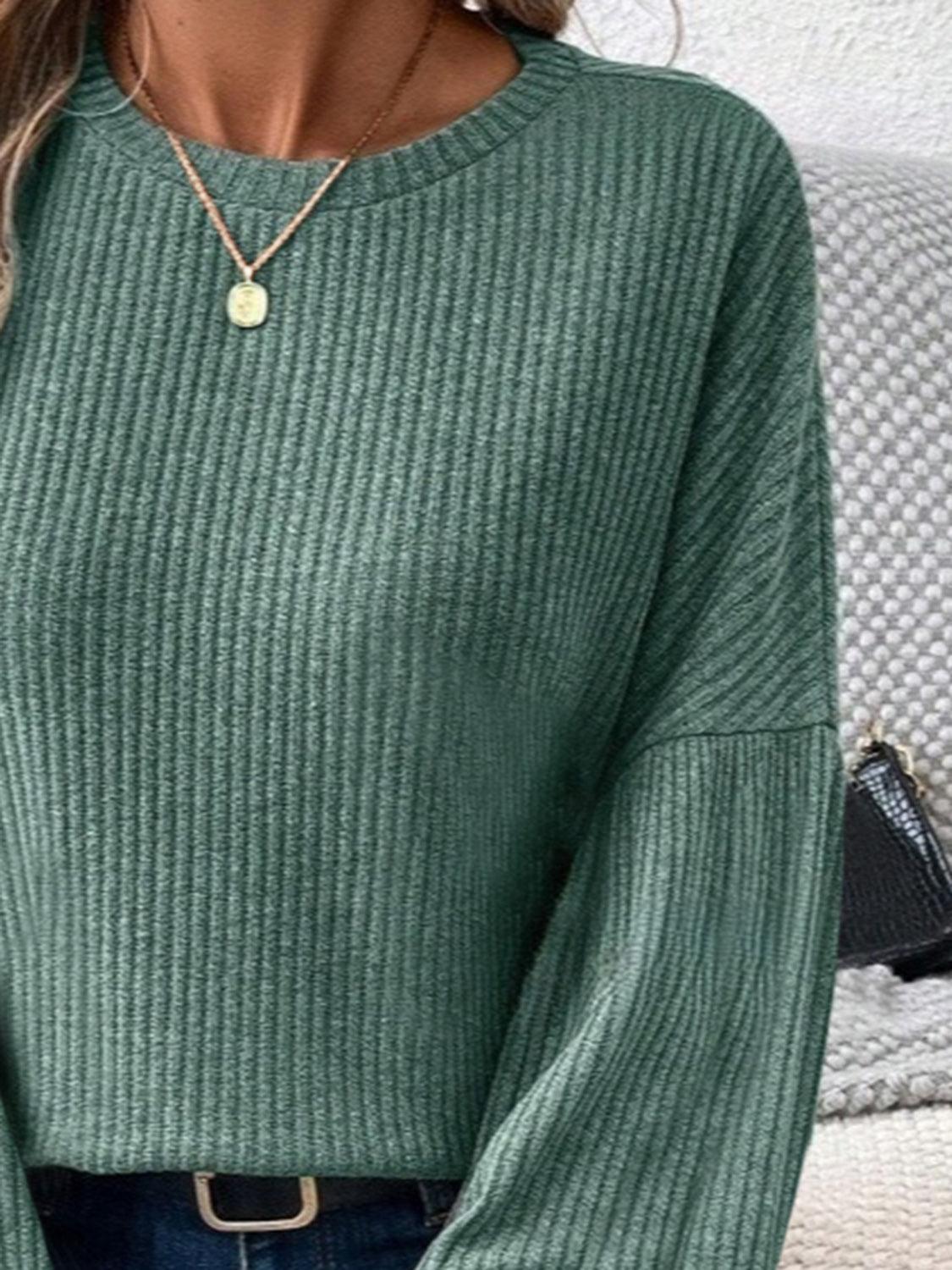Ribbed Round Neck Lantern Sleeve T-Shirt - Curated by tt