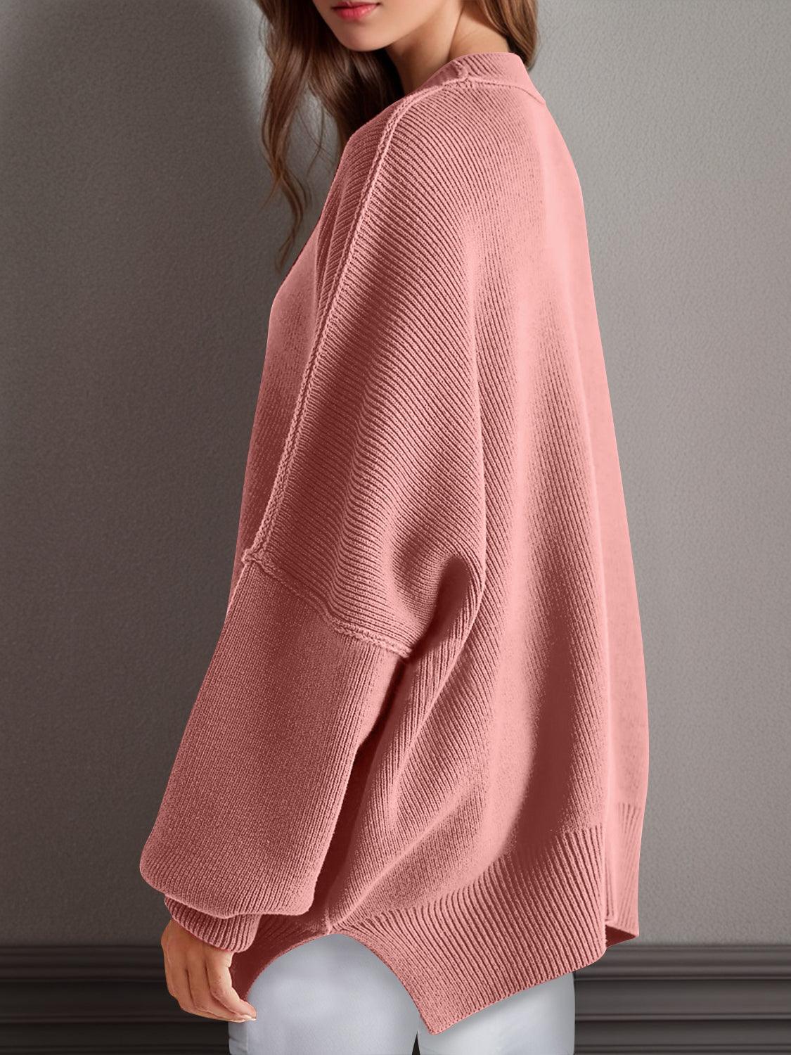 Double Take Side Slit Round Neck Long Sleeve Sweater - Curated by tt