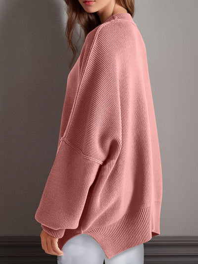 Double Take Side Slit Round Neck Long Sleeve Sweater - Curated by tt
