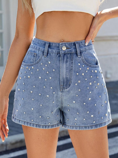 Rhinestone Washed High Waist Denim Shorts - Curated by tt