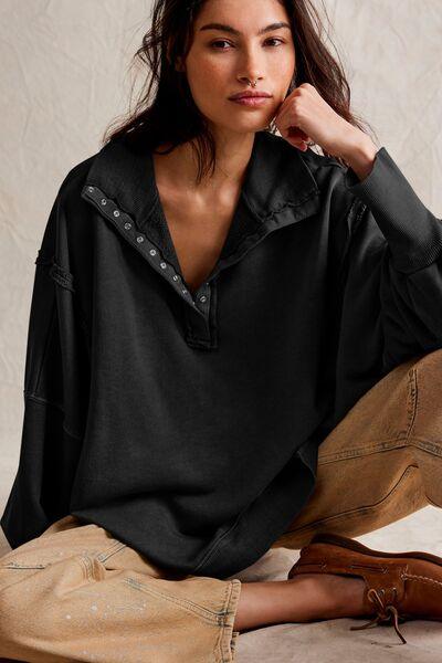 Exposed Seam Side Slit Long Sleeve Sweatshirt - Curated by tt