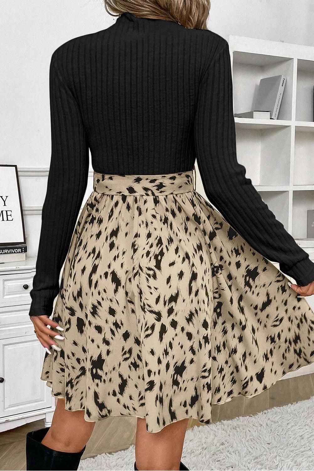 Black Ribbed Knit Printed Dress - Curated by tt